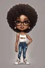 Placeholder: Create a whimsical chibi image of a black female with shoulder length tightly curl afro, black silky and brown eyes. Long eye lashes wearing a torn jeans and tank top with diamond studded "pretty" on the front, sandals , plus size body style. Diamond studded glasses and hoop earrings forward facing, 2k, white background