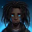 Placeholder: Teenage black boy, black dreadlocks, blue eyes, black skin, charming, anime style,