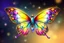 Placeholder: A whimsical digital illustration features a large, enchanting butterfly with intricately decorated wings, dominating the center of the composition. The butterfly's wings display a vibrant gradient of colors, transitioning from gold at the top through blue, luminous yellow, to blue green and magenta at the bottom, creating an iridescent rainbow-like effect. The wings are adorned with numerous gemstones and beads of various sizes and colors, including pink, blue, yellow, green, and purple, along t