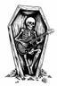 Placeholder: Skeleton wearing a sombrero, Hugging a guitar in a Coffin, black roses as decoration, black and white graphic art