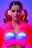 Placeholder: Rosalía artist, Realistic image, natural waist up portrait, perfect eyes, glow, circle iris, eye liner. pigtails hair, face, spray line make up, glow. lips, gold. big rings piercing, led ornament, pearls. coat, latex, inflatable, hot, led lights, minimal, neon, pink, blue, gold, vibrant color, highly detailed, art stations, concept art, smooth, unreal engine 5, god lights, ray tracing, RTX, lumen lighting, ultra detail, volumetric lighting, 3d, finely drawn, high definition, 4k.