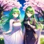 Placeholder: girl, masterpiece, best quality, cinematic lighting, detailed outfit, perfect eyes, long hair, green hair, green eyes, hairclip, outdoors, ray tracing, god rays, in spring, cherry blossom, sparkle, depth of field, smile,