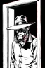 Placeholder: man with hat (wide and flat brim and a flat top) shading face, wearing a gas-mask, leaning in a doorway, vignette, black and white graphic novel style with a red outline on black background, gothic horror