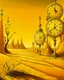 Placeholder: A golden yellow desert with clocks and hourglasses designed in Mayan architecture painted by Salvador Dali