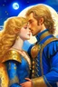 Placeholder: prince who has sandy hair, bronze skin,tall, has short beard,wears a medieval military outfit and is in love with the commoner girl, who has curly platin blonde hair and wears a blue dress, the two kiss very affectionately, illustration of a fantasy book cover with a detailed, smooth, bright background filled withmoon and sun, hyperdetailed, Hyper realistic photograph, 16k resolution, product photo, Formal, Formal dress , Hyper detailed, Intricate, Mystical , Firey, Fire based