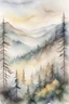 Placeholder: Watercolor painting of a pine forest on mountain slopes, muted colors, mist among trees, misty mountains