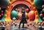 Placeholder: beautiful full body with long boots and midi dress lady in surreal stage made of fractal random size spheres with helical strip colors in clothing similar to environment full body posing to camera