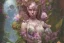 Placeholder: Lilith, Goddess, tropical flowers, realistic heart drawing, crystals, tropical leaves, sacred altar, Fantasy home.Enki Bilal