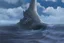 Placeholder: A colossal, calcified mountain, shaped like a great burned redwood tree trunk, rises dramatically from the ocean. A powerful whirlpool swirls around the entire mountain, drawing water from the ocean and funneling it into a massive, swirling vortex at the base of the trunk. Treacherous, wet stairs wind their way up the trunk, leading the viewer's eye upward. composition emphasizes scale and power of the mountain, intensity of the whirlpool. style: realistic fantasy. dramatic, moody lighting