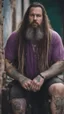 Placeholder: full figure photography of a hippy gipsy burly muscular chubby strong man 31 years old with long raided beard, shaved hair, tattoo, photorealistic ,dressed with a purple ripped t-shirt, side light, outdoor in a dirty street full of garbage