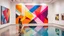 Placeholder: Abstract geometric art with vibrant colors displayed in a modern art gallery, showcasing sharp angles, overlapping shapes, and a dynamic composition under the bright gallery lighting. Woman and pool