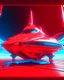 Placeholder: low view angle shot down from upper left front and showing the full vehicle, a RETROFUTURISTIC HOVERING CRAFT OF ALIEN ORIGIN, a beautiful look up modern is decorated with red abstract SKYLINE, all red background, , vray, raytracing
