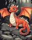 Placeholder: cartoon illustration: a cute little fire dragon with big shiny eyes. The dragon has big wings.