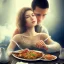 Placeholder: A girl eating a meal with her boyfriend who is having an erection