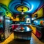 Placeholder: Vibrant colorful surrealism gothic kitchen remodeling oil acrylic fully equipped artistic Wide angle view