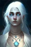 Placeholder: hauntingly beautiful character for dnd, young woman with white hair and blue eyes, angel, with moon necklace