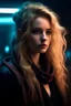 Placeholder: cyberpunk in a scarf curly blonde long blond hair tired braided hair she smokes in the dark