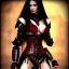 Placeholder: Ultra realistic, beautiful woman, long hair, 6-pack abs, black robe, evil, long nails, dark red and gold leather armour, magic, hung