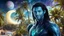 Placeholder: beautiful gorgeous young man na'vi with long hair, Avatar, blue skin, two small ears, green eyes, black hair, in cosmic suit, galactic ambiance, medium pointy goatee , smiling, with spaceship and planets and palm trees and clear crystaline cosmic beach in background