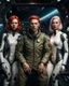Placeholder: Photorealistic picture of a young man in a flight suit with two tall, slender female androids in biosuits, one with red hair and one with white hair, standing on the bridge of a spaceship.