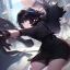 Placeholder: Clear focus,High resolution, Black short fluffy hair, and purple eyes, wearing a black outfit, must wear a short skirt, holding a glowing bow, fighting stance