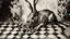 Placeholder: abstract painting, A wild rabbit is wreaking havoc on the chessboard, Charcoal, Ink, conformity, Analogue film photo, 1950s, candid, retro analog, 35mm film, film grain,