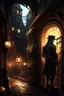 Placeholder: man in dark clothing, hiding around a corner., looking out on a brightly lit steampunk street