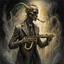 Placeholder: shadowy spectral figure with twenty fingers playing bronze saxophone, hypersurreal, cursed odd subway saxophonist, demon particles, hellish magical vapor, stringy aura, magical surrealism, concept art, smooth, by Stephen Fabian, by Denis forkas