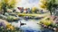 Placeholder: watercolor, geese, impressionism, byzantine oil painting on alcohol depicting a village, garden, flowers, stream, geese, 32k resolution, hyper detail, fine detail, fine rendering, airbrush strokes, 8k concept art, hyper detail, complex detail