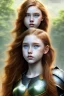 Placeholder: hyper realist, hyper detailed, stunningly beautiful 13 year old teen girl, long ginger hair, green eyes, medium freckles, full lips, skimpy leather armor, full body and head, a-cup breasts, stern expression, full frame, petite, ignore NSFW