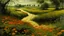 Placeholder: An olive green wetlands with fiery orange flowers painted by Henri Robert-Bresil