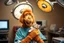 Placeholder: ALF from ALF tv show dressed in surgical scrubs holding a cat in an operating room, image through the Lens of a Sony A7R IV