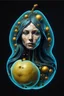 Placeholder: Create a surreal, futuristic portrait of a humanoid woman organic hair figure with a bright, skin surface. The figure’s head and upper body are partially disintegrated, revealing intricate, glowing, organic structures beneath the surface. The inner structures are illuminated with teal and golden hues, resembling bioluminescent veins or energy cores. The figure is in a contemplative pose, with one hand gently touching its chin. The background is minimal and abstract, allowing the focus to remain