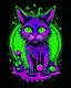 Placeholder: A scary cat Halloween character, adorned with eerie Halloween decorations, caused a a full moon in the night sky, spooky vibes, bones , Creepy, colorful, dark magic splash, gothic theme, horror, Terrifying, Scary, spooky green and purple lights, fantasy, vector art, flat design, 8k Ultra high details, black background.