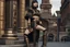 Placeholder: full-body-art of a woman with a bob with a fringe hairstyle, Cleopatra clothing, black knee-high boots, steampunk city background