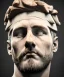 Placeholder: Gran angular, Realistic image, roman sculpture buste, marble deluxe material, Lionel Messi, gold Laurel leaves crown model, miguel angel style, emperador, God light, god rays, 4k resolution, smooth details, ornate details, soft lighting, unreal engine 5, soft cyan background.