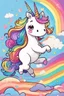 Placeholder: kids illustration, a cute unicorn playing and rainbow in background, cartoon style, thick line, low details, vivid color