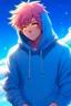 Placeholder: An androgynous young man with tousled pink hair and golden eyes floating among the stars wearing a light blue hoodie and black board shorts. He is smiling softly and holding a star in one hand.