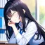 Placeholder: Clear focus, 8k, high quality, detailed, beautiful lighting, girl, vibrant colors, black long hair, vibrant blue eyes, sleeping at desk, office clothes,