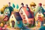 Placeholder: Village illustration, realistic, detailed, illustrative, childrenbook style, colorful houses, each house it's own color, cute plants