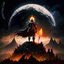 Placeholder: Sauron, the mighty lord of darkness, standing on a rock in the dark land of Mordor, a super-hero man of infinite power and technology of the galactic race, with a great army, a large moon disk behind him, and a fiery sword in his hand