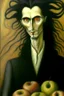 Placeholder: composition hair fully in focus full shot, Leonora Carrington fine detailed oil painting portrait of a man with apples