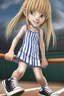 Placeholder: realistic stock photo, Realism engine, General Fast V2 (Flux), Create a realistic image of a female with long, straight blonde hair, the bangs cut straight across the forehead, hazel eyes, wearing a sleeveless, strapless, blue and white-striped nylon extremely short mini dress with a plunging neckline, knee high white socks and black converse tennis shoes, happy facial expression