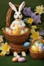 Placeholder: Realistic Easter bunny made of butter, eating an egg, in an Easter basket