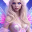 Placeholder: beautiful, soft, big smile face, whole head, long straight blonde hair blues eyes, crown on the head, clothing in transparent bluish and pink veil,fairy wings on the back, background brillante bluish and pink, hight definition, 8K