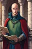 Placeholder: young adult man, bald with blue eyes, green renaissance clothes, red vest, blue cloak, chain mail, reading a scroll, standing in a balcony, comicbook art style