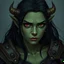 Placeholder: A digital illustration shoot from a portrait camera angle about a portrait of a young orc woman with dull green skin. In the middle of the image, a 20 years old orcish woman, appears to be looking at the viewer lost in thought. she has long black hair, red eyes, and is wearing armour. Fantasy, skyrim, magic, she does not have horns
