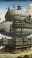 Placeholder: A gray and light gray fortress on an airship designed in African masks painted by Vincent van Gogh