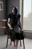 Placeholder: Billie Eilish, sitting on a chair, Black Short Dress, high detail, realistic