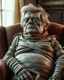 Placeholder: a chubby really old decrepit realistic male mummy, looks similar to donald trump, eyes closed, leaned over in a brown chair